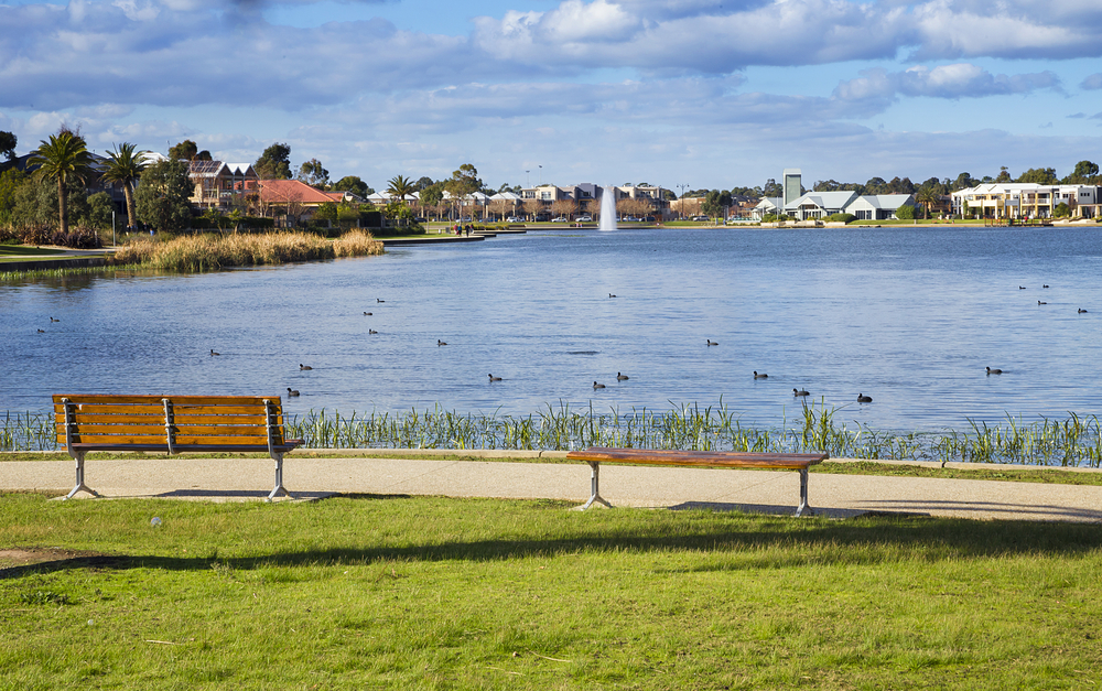 A storage bench near a body of water in Pakenham.