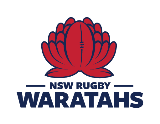 Logo of the NSW Waratahs featuring a stylized red waratah flower with a rugby ball shape in the center. Below the flower, the text 'NSW Rugby' is written in navy blue, followed by the bold, uppercase word 'WARATAHS,' also in navy blue, with horizontal lines framing the top text.